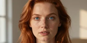 cheveux cuivré yeux bleu