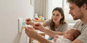 Sécurité à la maison : les kits de protection (coins de table, caches-prises) essentiels pour l'arrivée de bébé.
